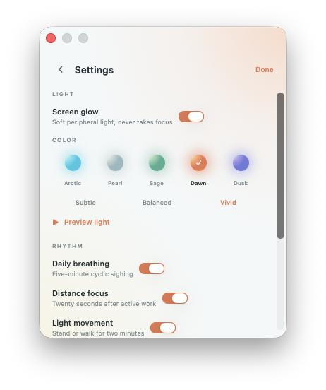 Ambient Reset settings showing five glow colors and three intensity levels.
